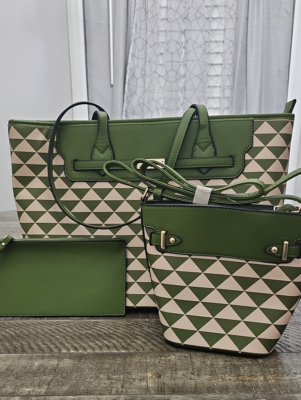 Olive Green Geometric Tote & Bucket Bag Set